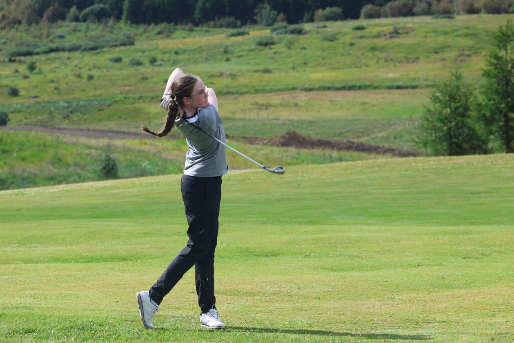 499A3351 - Golfsamband Íslands Person in a gray shirt swinging a golf club on a sunny, grassy golf course.