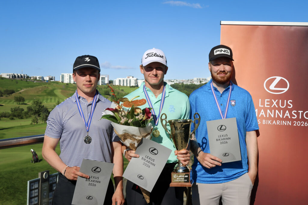 Three male golfers on a podium with trophies and certificates, medals around their necks, and a Lexus banner in the background.