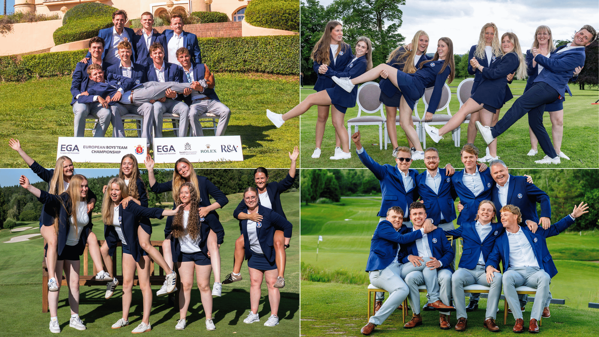 Collage of young golfers in navy blazers posing and celebrating on a golf course.