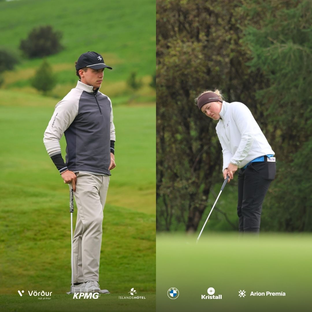 Side-by-side image of a male golfer standing with a putter on a green course (left) and a female golfer lining up a putt on the right on a tree-lined fairway.