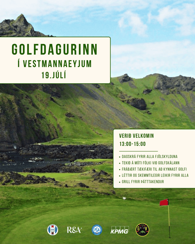 GV fb insta 12 - Golfsamband Íslands Promotional poster for Golf Day in Vestmannaeyjar, July 19, with event details over a green landscape backdrop.