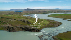 Heading - 2026-07-01T141156882 - Golfsamband Íslands - Golfsamband Íslands Aerial view of a coastal Icelandic landscape with a white golf-logo overlay and the text 'Íslandsmót eldri kylfinga 2026'.