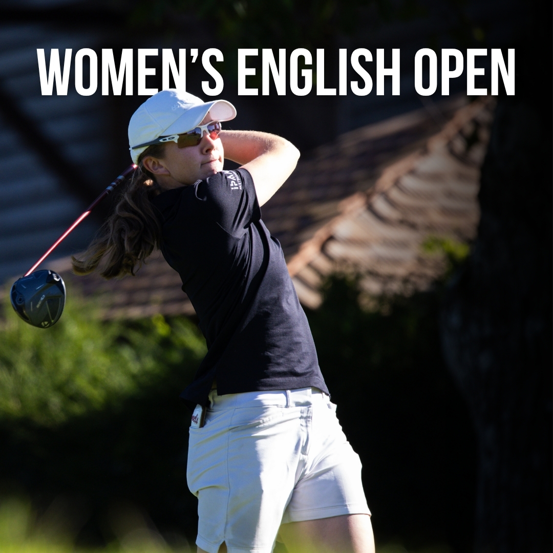 Female golfer wearing a white cap and sunglasses mid-swing during the Women’s English Open banner image at the top fringe of the frame.