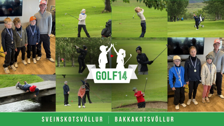 Collage of young golfers with medals, practicing and posing indoors and on the course, with a central GOLF14 logo.