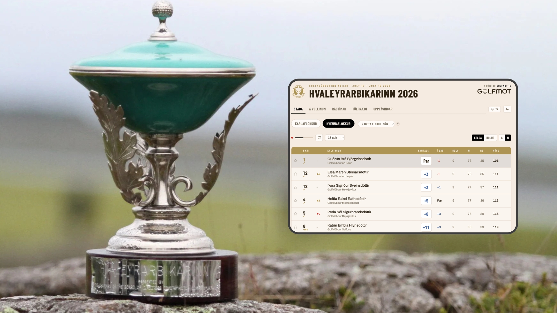 A silver trophy with a turquoise cup sits on a stone surface beside a beige digital scoreboard UI showing 'Hvaleyrarbikarinn 2026' on the right.