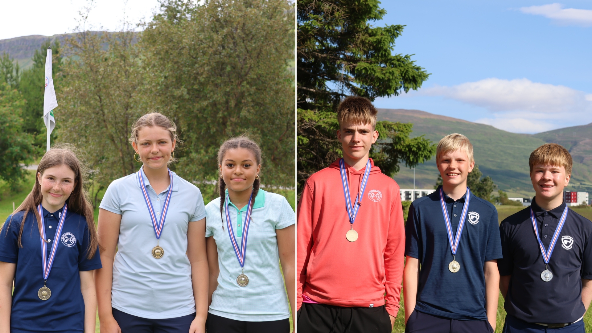Split image: left side shows three girls with medals posing outdoors, right side shows four boys with medals, also outdoors by hills and trees.