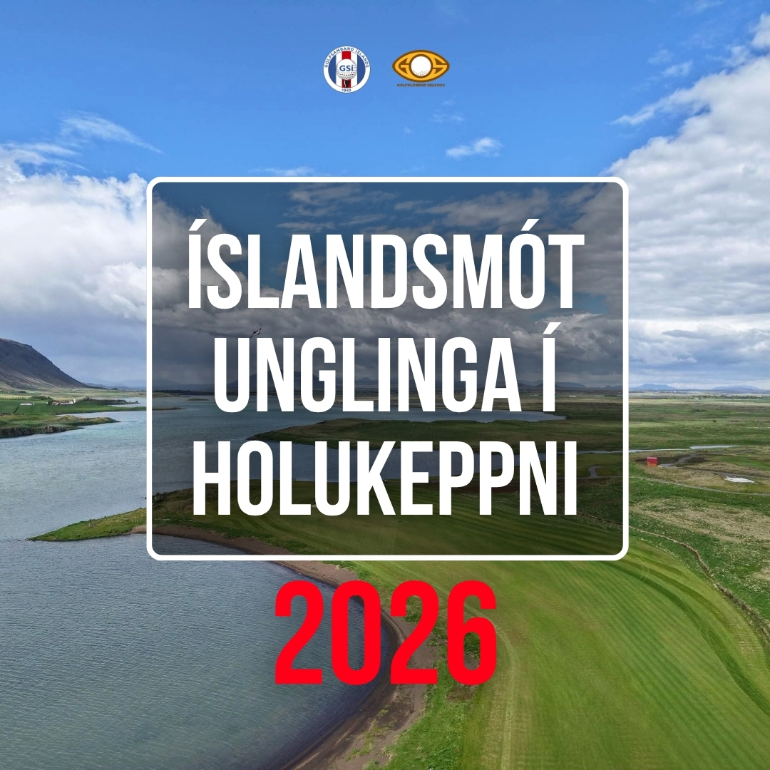 Banner announcing the 2026 Iceland youth hole-competition championship, with logos at the top over a coastal golf course backdrop.