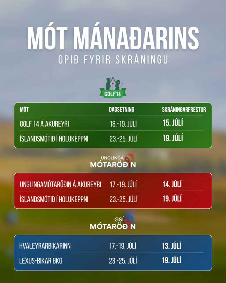 Schedule for Mót Mánadárins golf events: green, red, and blue panels list event names and dates in Icelandic.