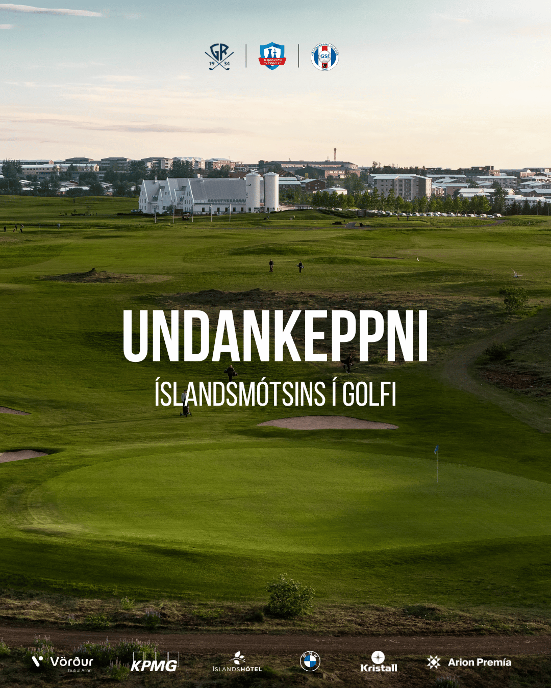 Promotional poster advertising the Icelandic national golf championship qualifier, with a green golf course and town in the background and sponsor logos at the bottom.