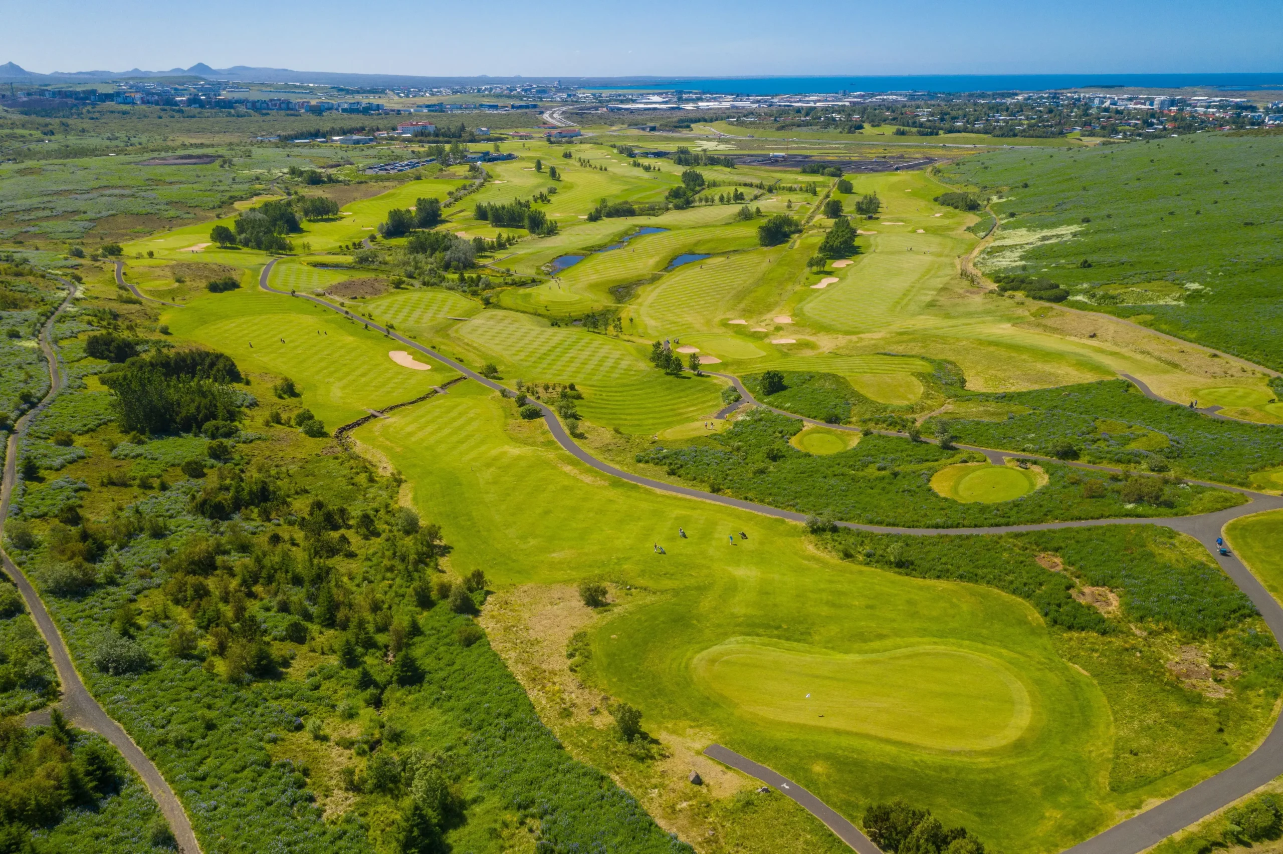 Aerial view of a golf course with greens, fairways, bunkers, and winding cart paths across rolling hills toward the coastline.