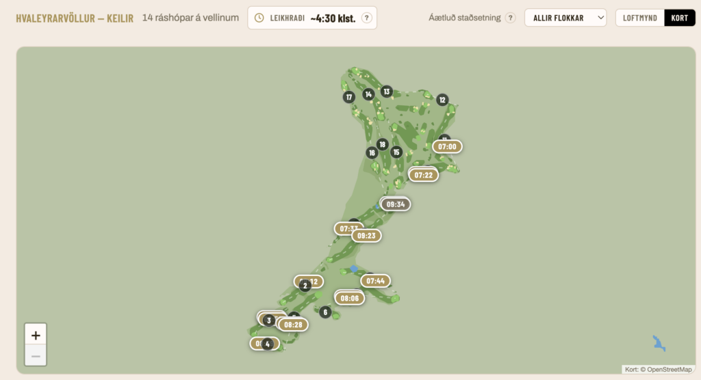 Screenshot 2026-07-18 at 093329 - Golfsamband Íslands Map of a winding hiking trail with numbered checkpoints and time estimates along the route