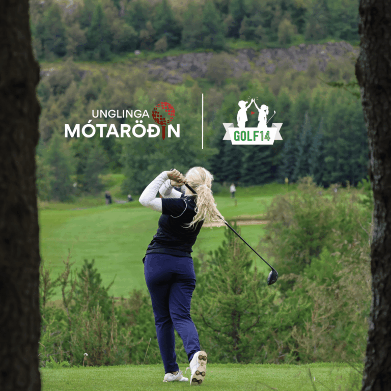 Woman swinging a golf club on a green golf course with sponsor logos overlay in the sky area.