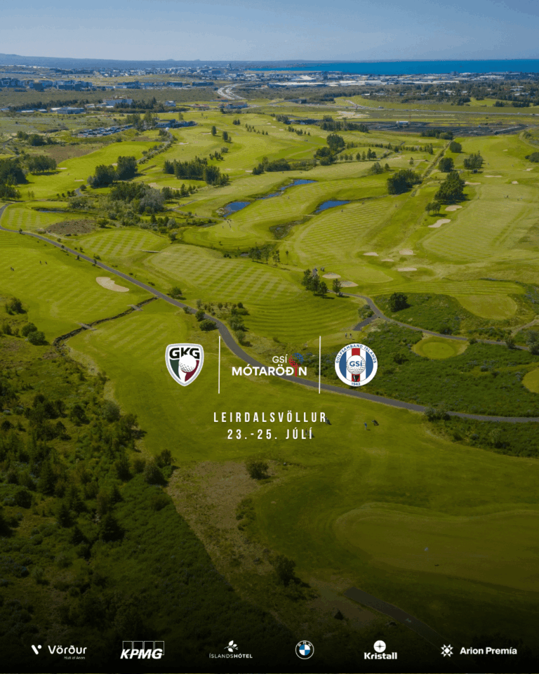 Promotional poster for a golf tournament at Leirdalsvöllur, July 23–25, with sponsor logos at the bottom