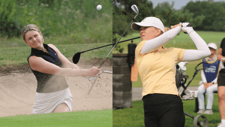 Two women golfing, one swinging from a sand bunker on the left and the other mid-swing on the right.