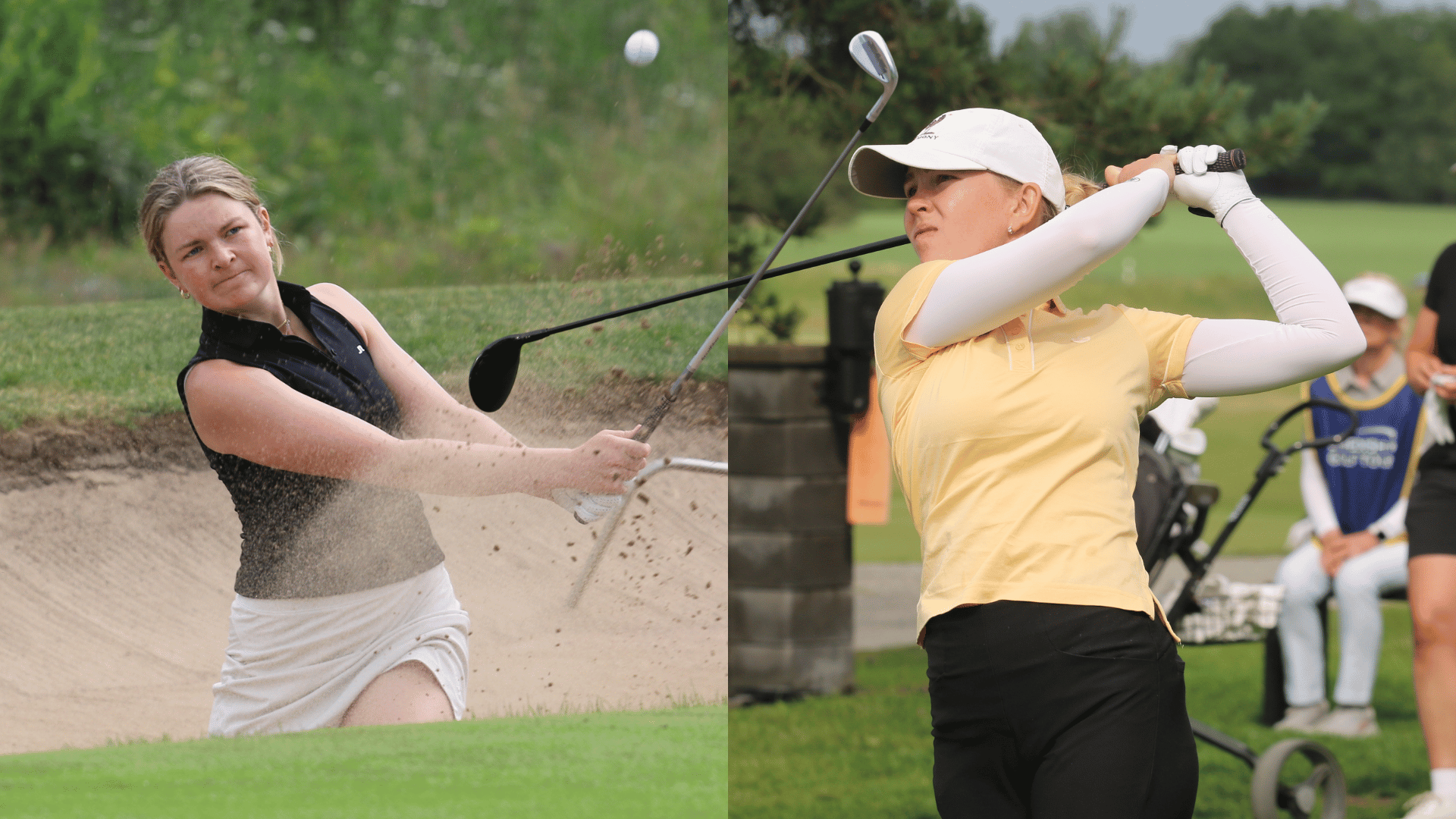 Two women golfing, one swinging from a sand bunker on the left and the other mid-swing on the right.
