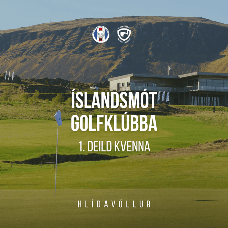 Poster for Íslandsmót Golfklúbb, 1. deild kvenna, Hlíðavöllur, with a golf course and clubhouse in the background