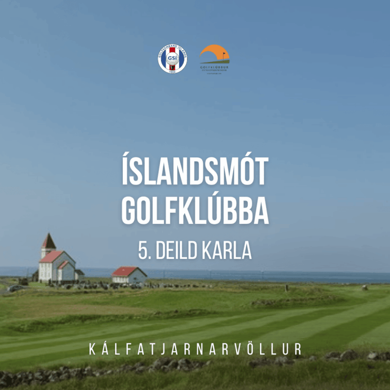 Poster for Íslandsmót Golfklúbba: 5. deild karla at Kálfattjarnarvöllur golf course, with two logos above and a coastal green in the background