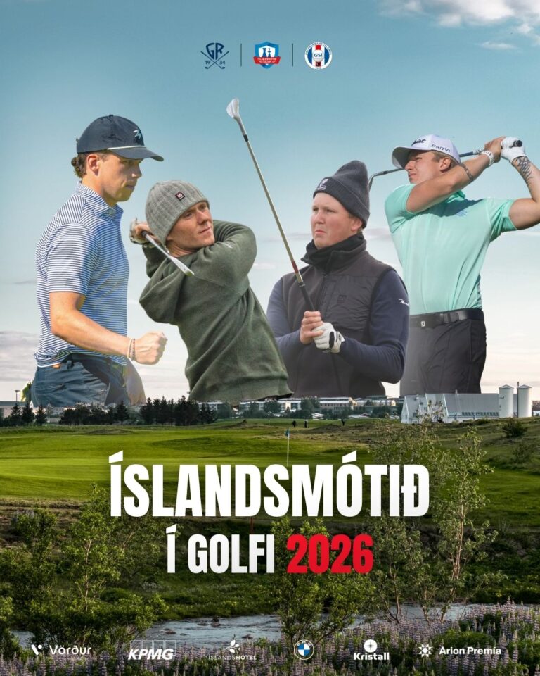 Poster for Íslandsmót í golfi 2026 showing four golfers against a landscape and sponsor logos at the bottom.