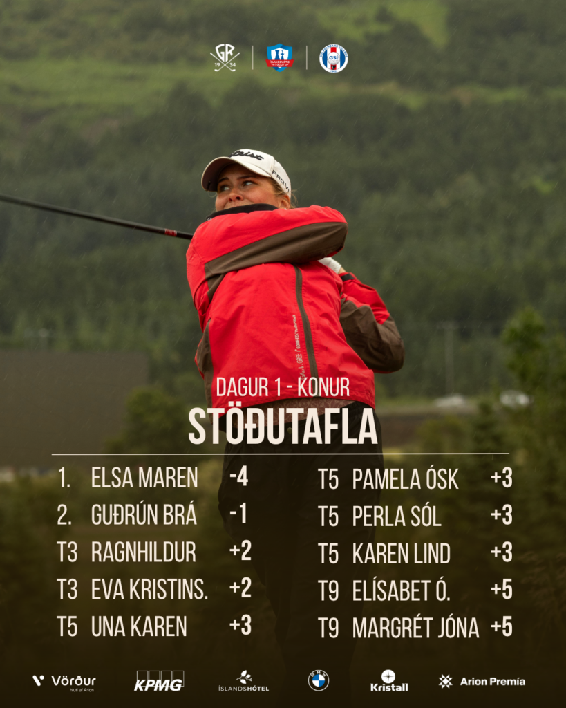Íslandsmótið 2026 grafík 31 - Golfsamband Íslands Golfer in a red jacket mid-swing on a rainy course, overlaid with a leaderboard and sponsor logos.