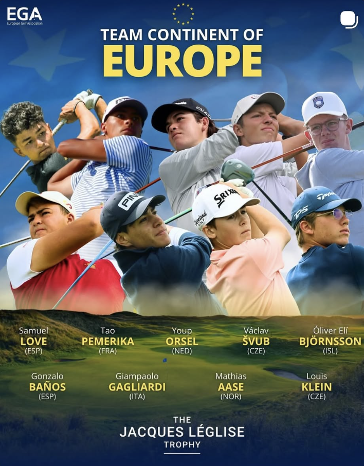 Screenshot 2026-08-17 at 124421 - Golfsamband Íslands Promotional poster for The Jacques Léglise Trophy showing European team golfers in action with bold 'Team Continent of Europe' text at top and player names at bottom.