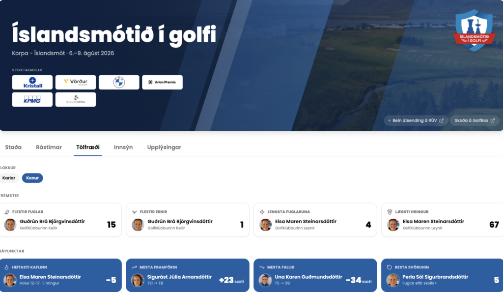 Screenshot 2026-08-18 at 122226 - Golfsamband Íslands Banner for Íslandsmót í golfi: event title, dates 6.–9. ágúst 2026, sponsor logos on left, shield/logo on right.