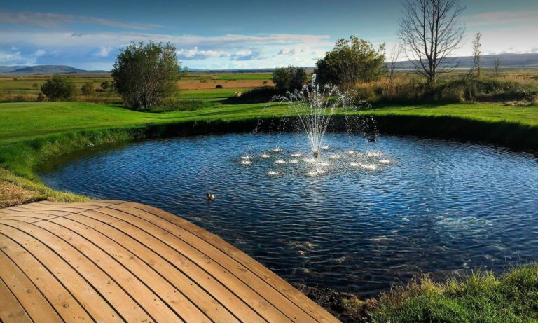 Curved wooden deck around a pond with a fountain, set in a sunny green landscape.